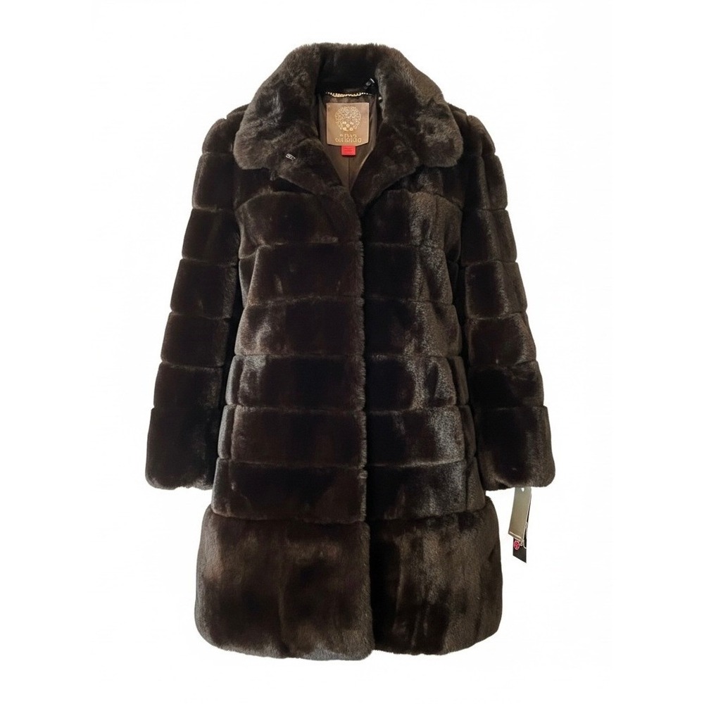 Vince Camuto Womens Brown Faux Fur Coat Mid Length Snap Front Jacket Large NEW